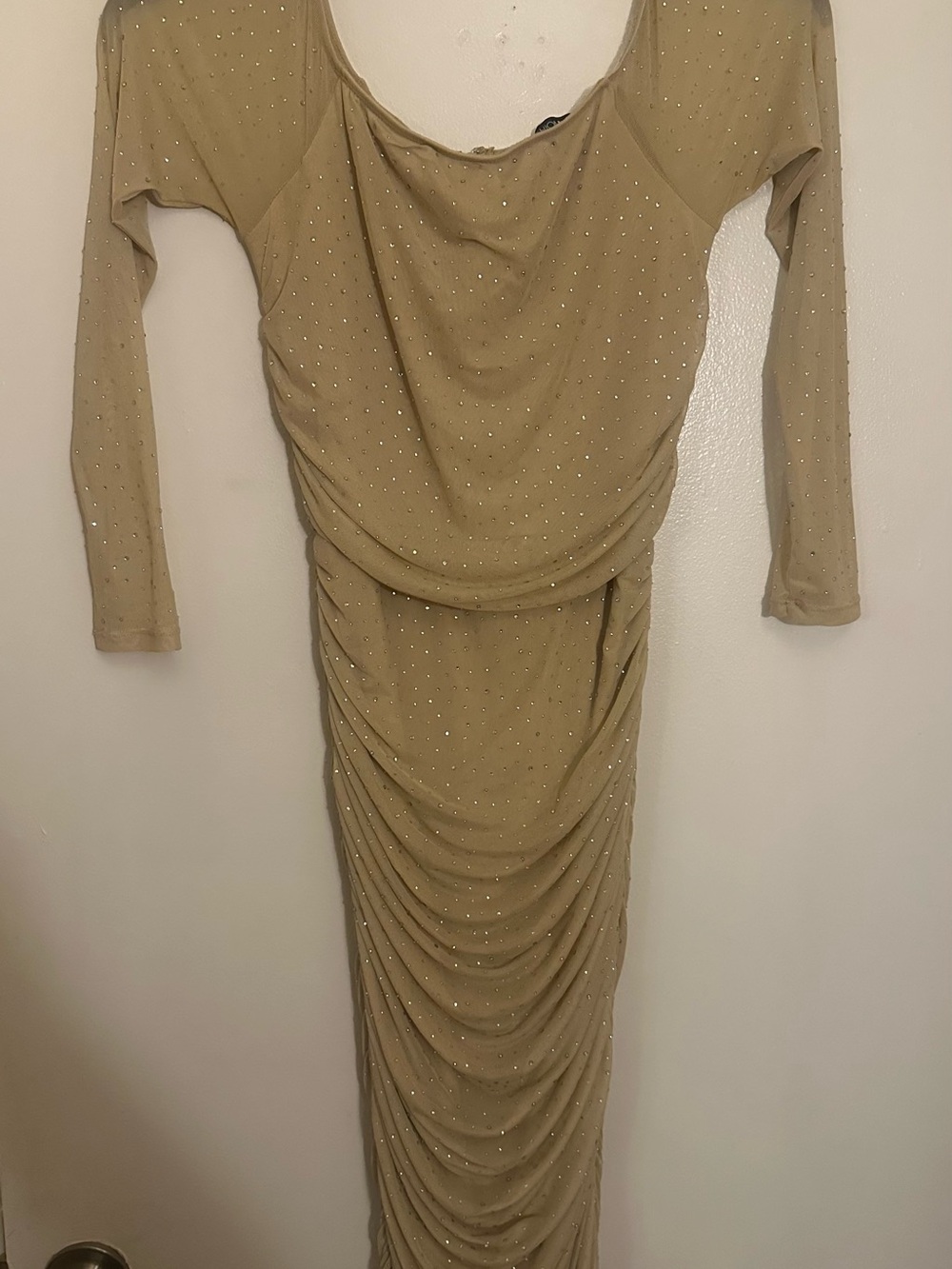 Fashion Nova Beige Ruched Long Sleeve Maxi Dress